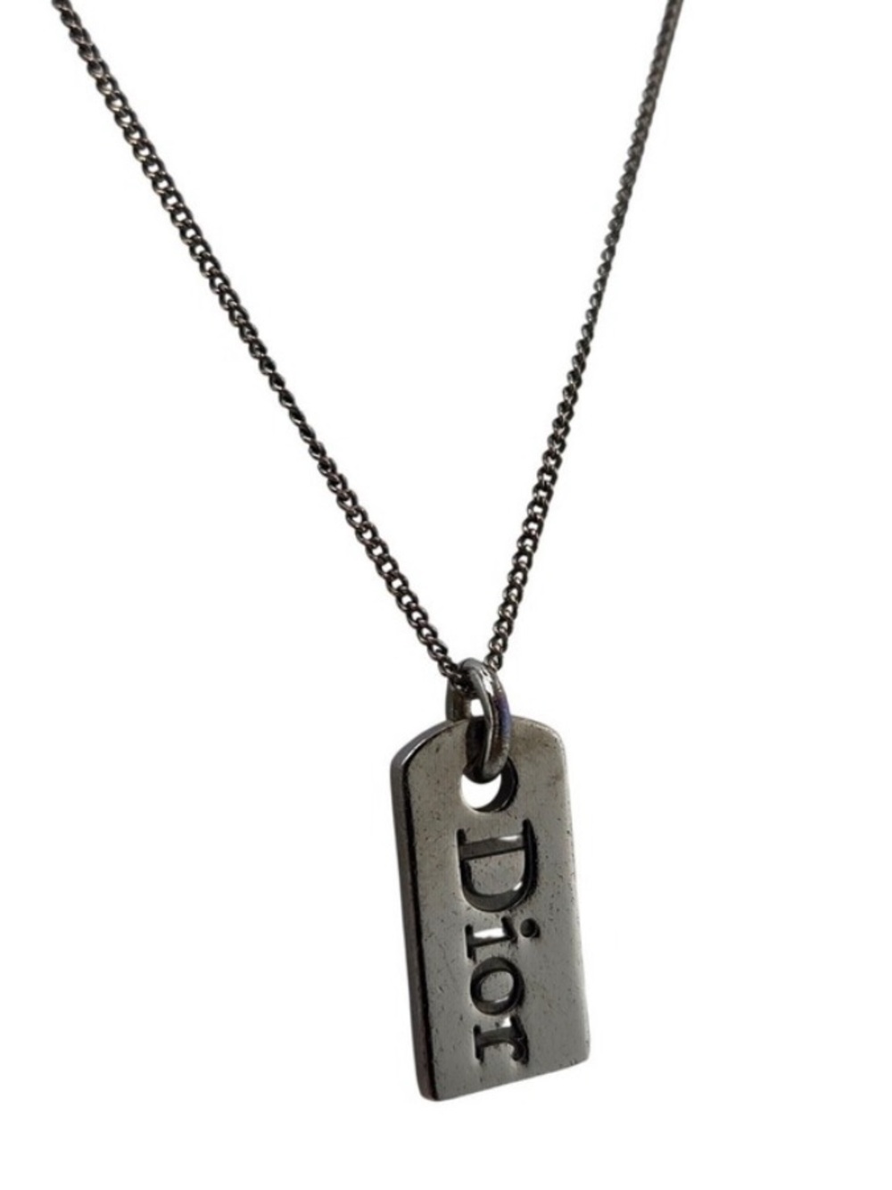 ✨CHRISTIAN DIOR Y2K VTG Galliano Gunmetal Dog Tag Logo Necklace Vintage✨